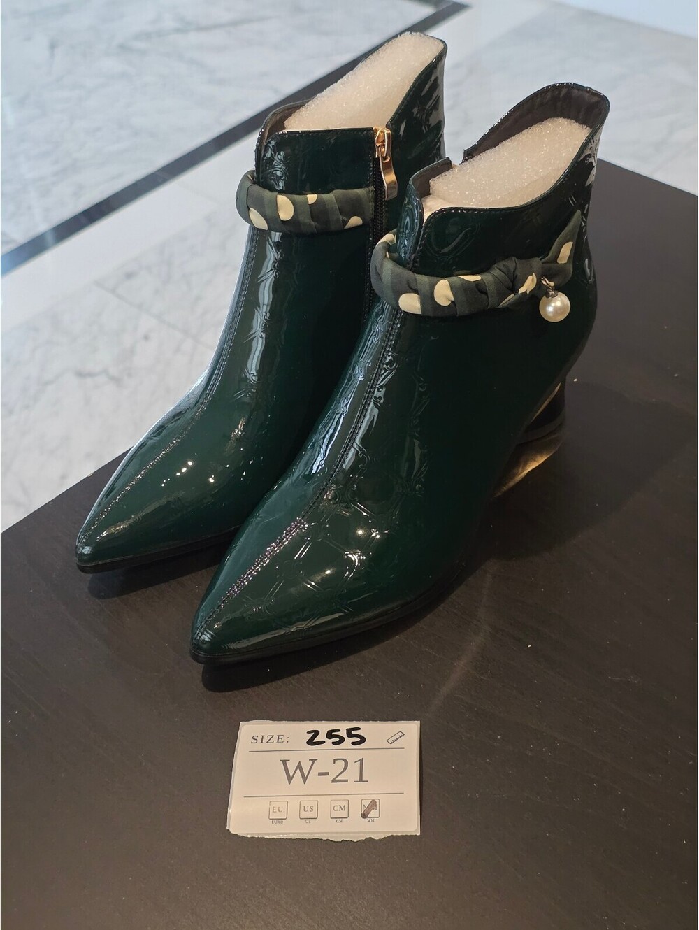 Green Patent Leather Ankle Boots with Pearl Detail